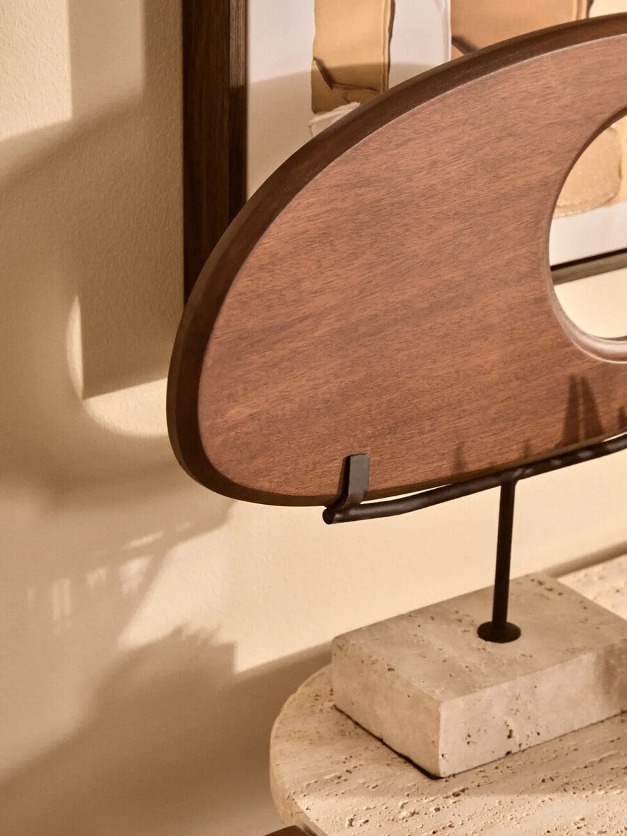 Westo natural wood horizontal sculpture with travertine base, modern decorative art piece by Orsina in a sleek design.