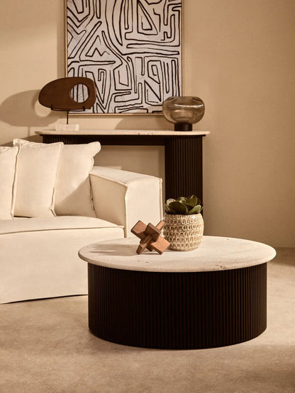 Westo natural wood horizontal sculpture with travertine base by Orsina, featuring smooth wooden curves and elegant stone support.