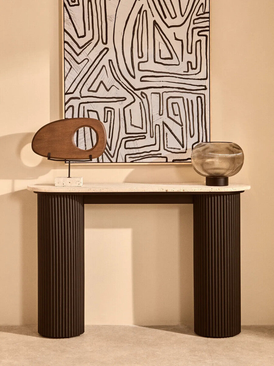 Westo natural wood horizontal sculpture with travertine base by Orsina, modern art piece on a neutral background