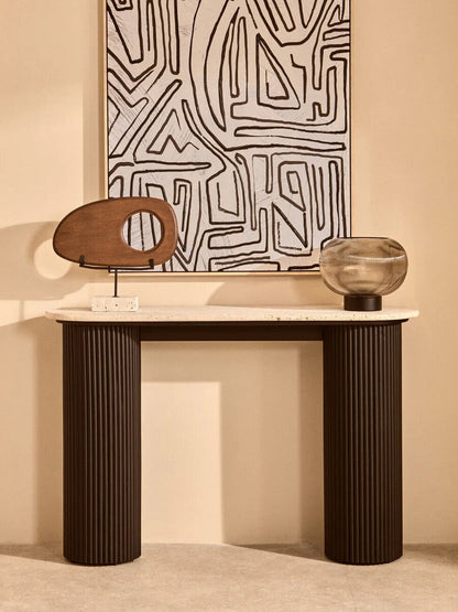 Westo natural wood horizontal sculpture with travertine base by Orsina, modern art piece on a neutral background