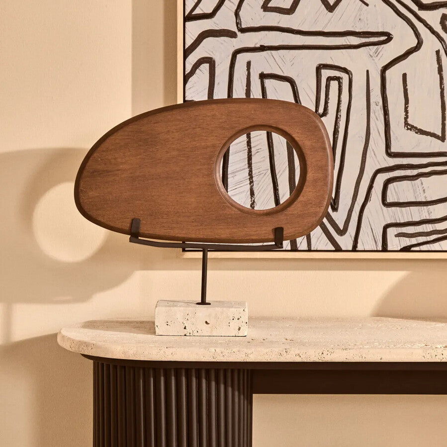 Westo natural wood horizontal sculpture with travertine base, modern art piece by Orsina, showcasing sleek wooden design and textured stone.