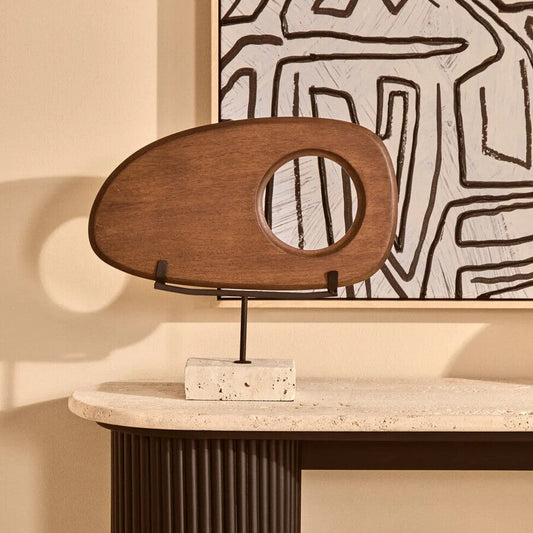 Westo natural wood horizontal sculpture with travertine base, modern art piece by Orsina, showcasing sleek wooden design and textured stone.