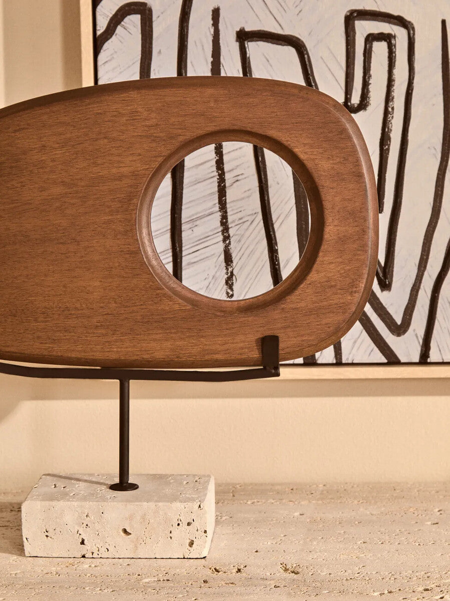 Westo natural wood horizontal sculpture with travertine base, modern decorative art piece by Orsina for sculptures and ornaments.