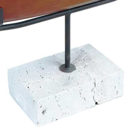 Westo natural wood horizontal sculpture by Orsina with travertine base, featuring smooth wooden slats and elegant craftsmanship.