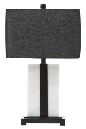 Table lamp with a black shade and marble base on a white background