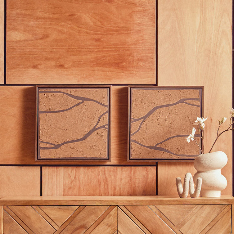 Set of 2 Orsina textured wall art pieces in brown and black with abstract, modern design for stylish home decor.