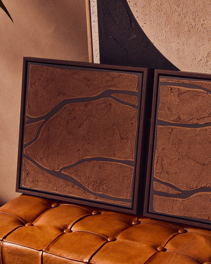 Set of 2 Orsina textured wall art pieces featuring brown and black abstract designs for modern interior decor.