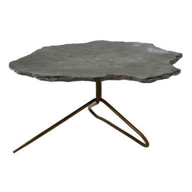 Grey stone top coffee table with a tripod geometric metal base by Orsina, showcasing a modern, stylish living room centerpiece.