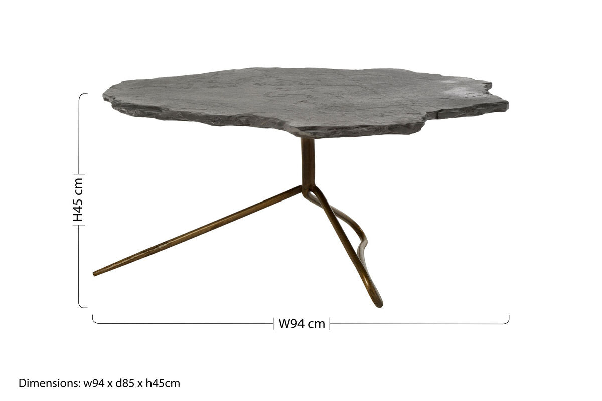 Grey stone top coffee table with a tripod geometric base by Orsina, showcasing a modern, stylish design and sturdy construction.