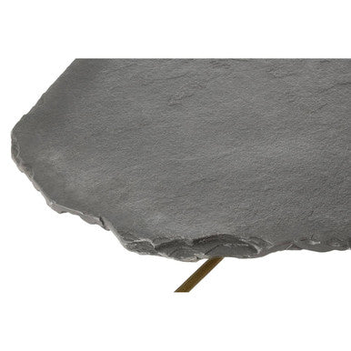 Grey stone top coffee table with tripod geometric base by Orsina, showcasing a modern, stylish design.