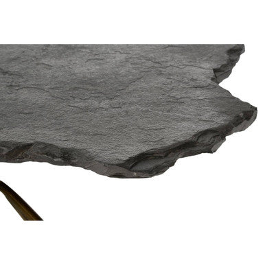 Grey stone top coffee table with a tripod geometric metal base by Orsina, showcasing modern design and sturdy construction.