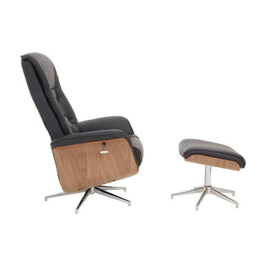 Orsina Warrington black leather effect recliner with matching footstool, ideal for office and gaming comfort.