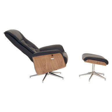 Orsina Warrington black leather effect recliner and footstool, modern office and gaming chair with plush cushioning and adjustable features.