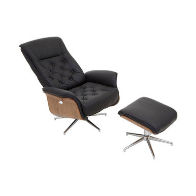 Orsina Warrington black leather effect recliner chair with matching footstool, designed for office and gaming comfort.