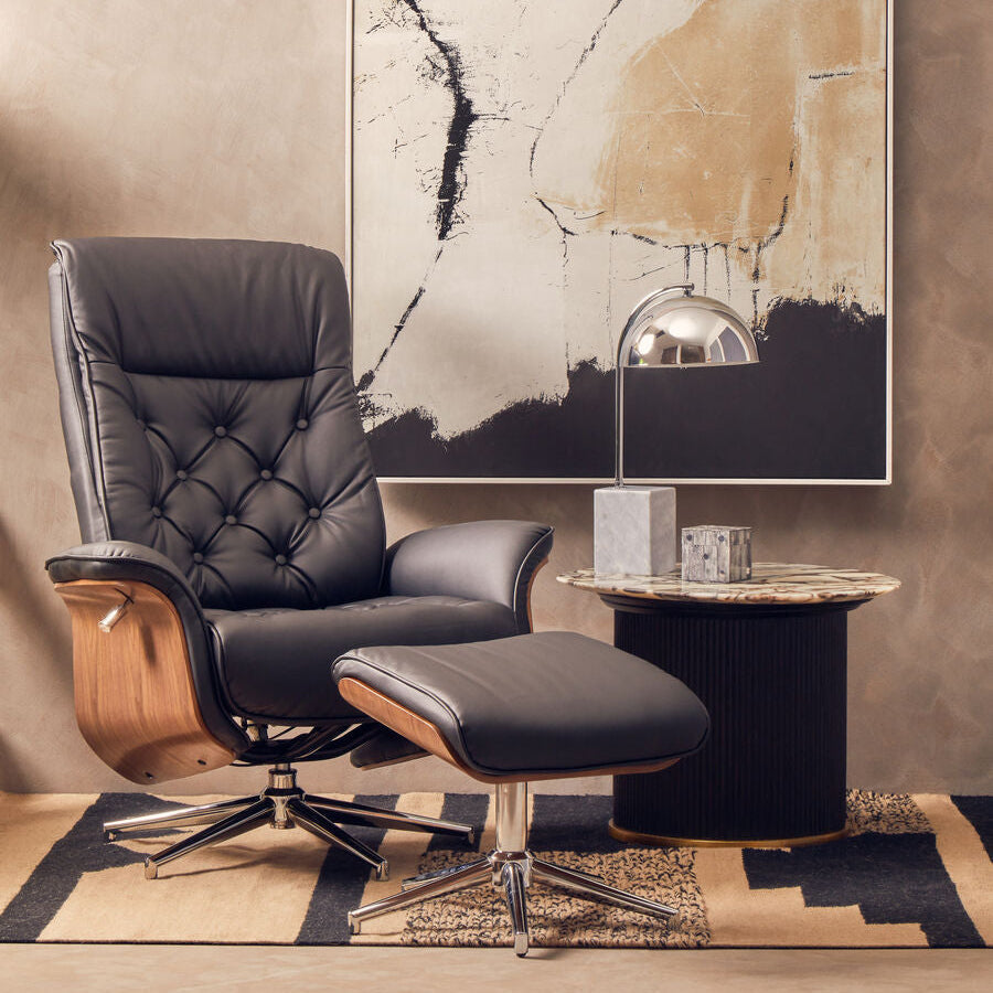 Orsina Warrington black leather effect recliner chair with matching footstool, ideal for office and gaming comfort.