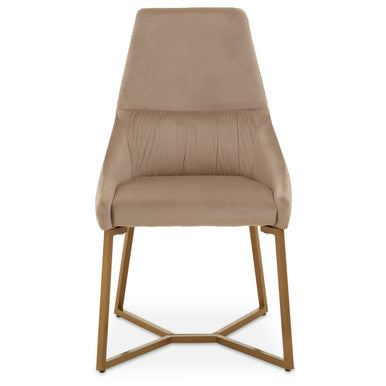 Orsina Vieste Mink Velvet Dining Chair with sleek curved back and wooden legs, stylishly designed for modern dining rooms.