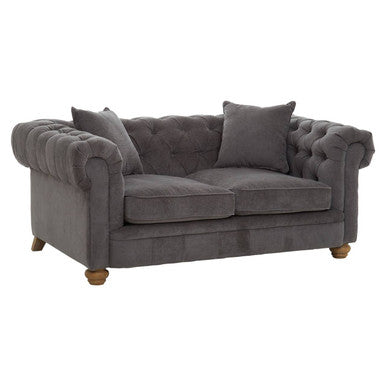 Orsina Spencer grey fabric two-seater sofa with plush cushions and modern design, shown in a contemporary living room setting.