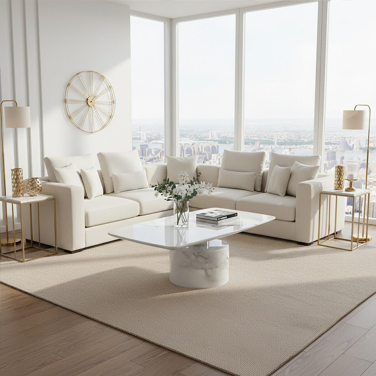White marble coffee table with stainless steel support from Orsina, featuring a sleek, modern design for living room decor.
