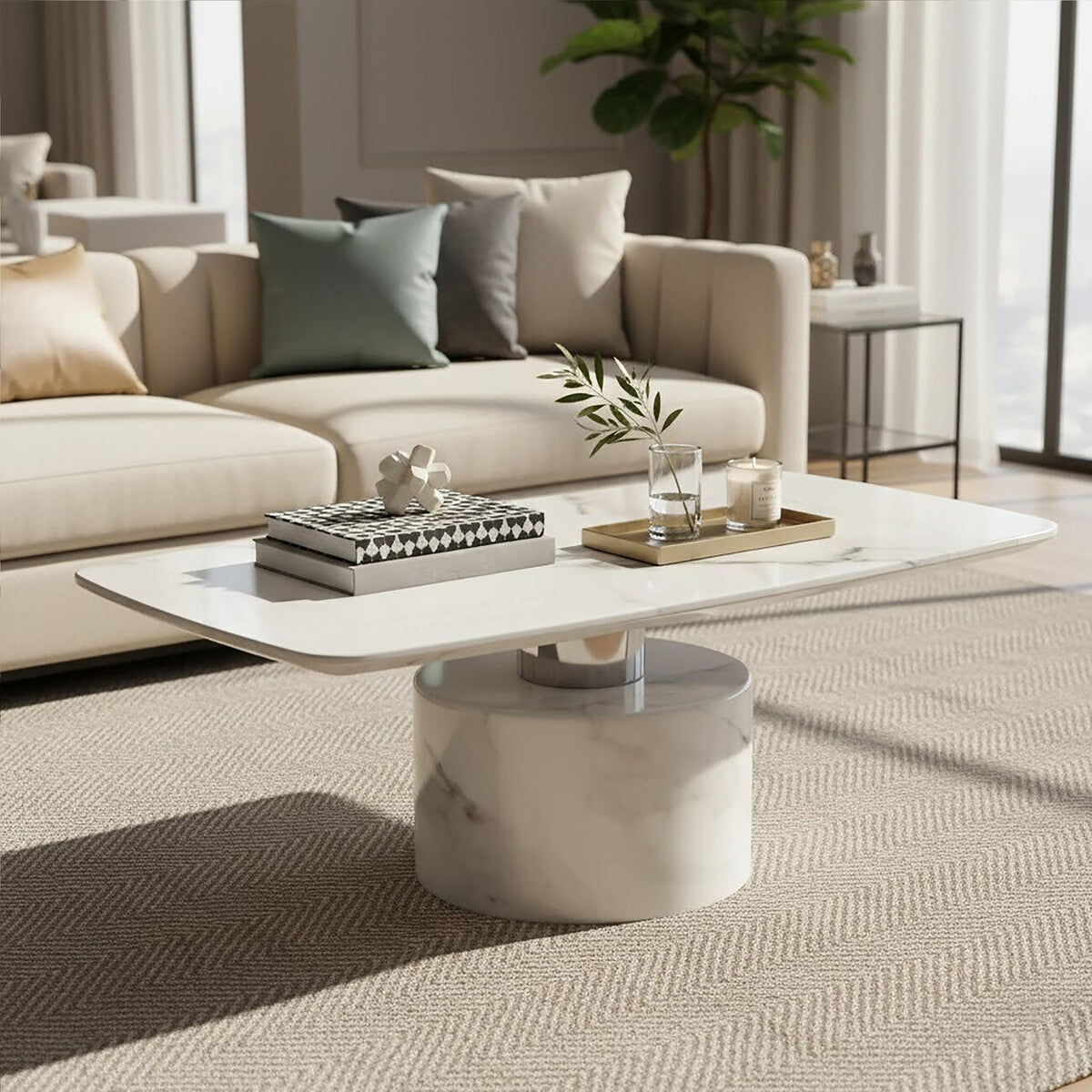 White marble coffee table with stainless steel support, modern Orsina Sesto coffee table on a minimalist living room floor.