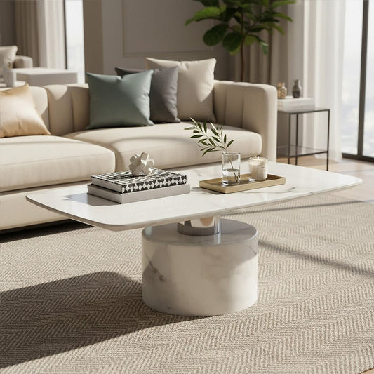 White marble coffee table with stainless steel support, modern Orsina Sesto coffee table on a minimalist living room floor.