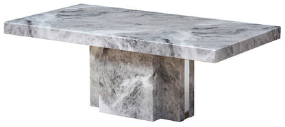 Gray marble top coffee table with pedestal base and silver metal trim by Orsina, featuring a sleek and modern design.