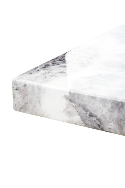Grey marble top coffee table with pedestal base and silver metal trim, Orsina Saronno coffee table showing surface and design details.