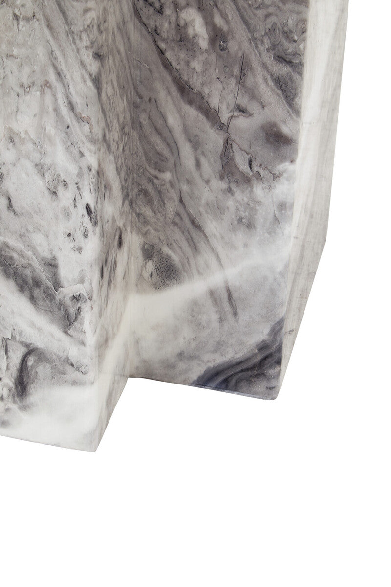 Grey marble top coffee table with pedestal base and silver metal trim by Orsina, featuring a sleek modern design.