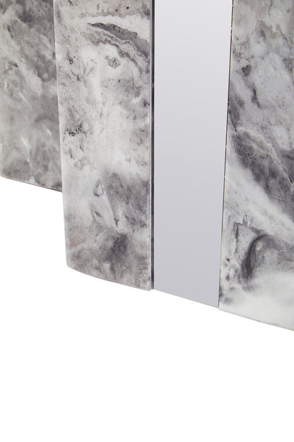 Grey marble top coffee table with pedestal base and silver metal trim from Orsina, stylish and modern living room furniture.