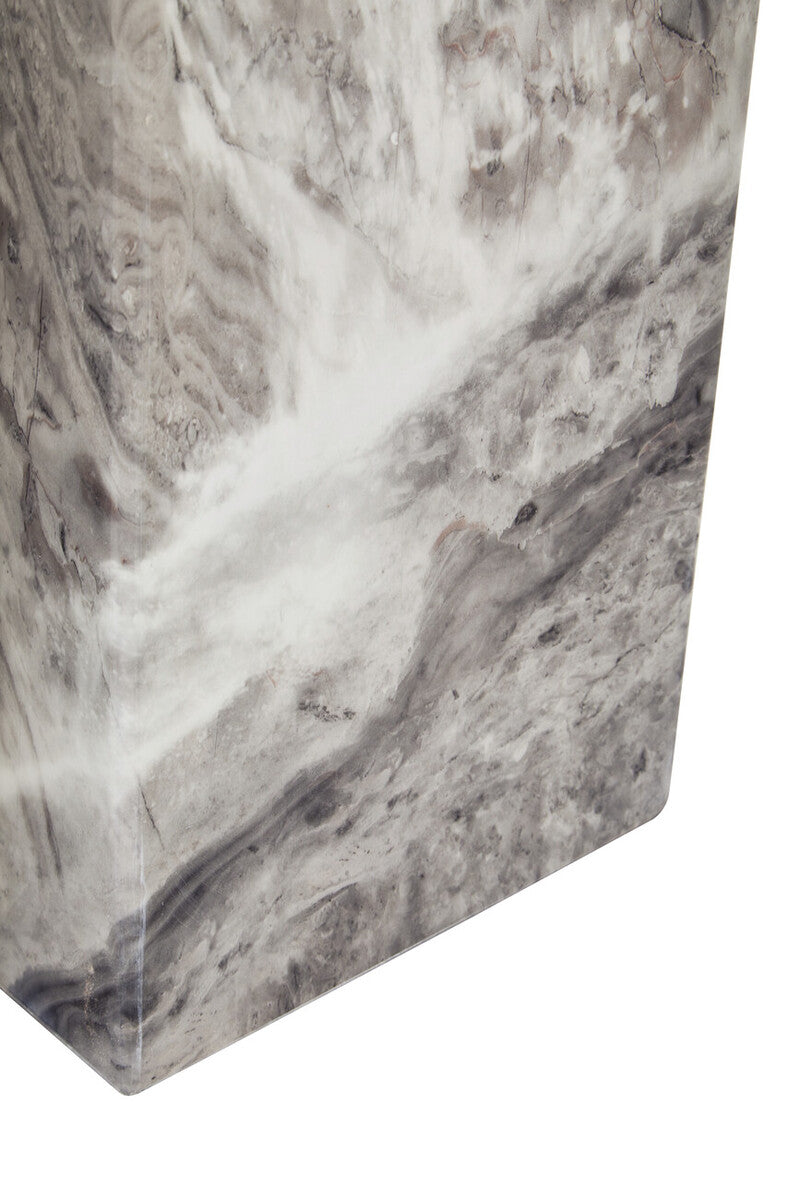 Grey marble top coffee table with pedestal base and silver metal trim by Orsina, perfect for modern living rooms.