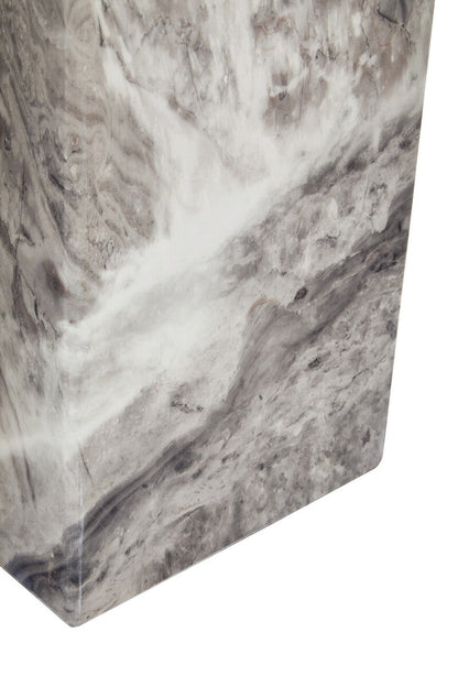 Grey marble top coffee table with pedestal base and silver metal trim by Orsina, perfect for modern living rooms.