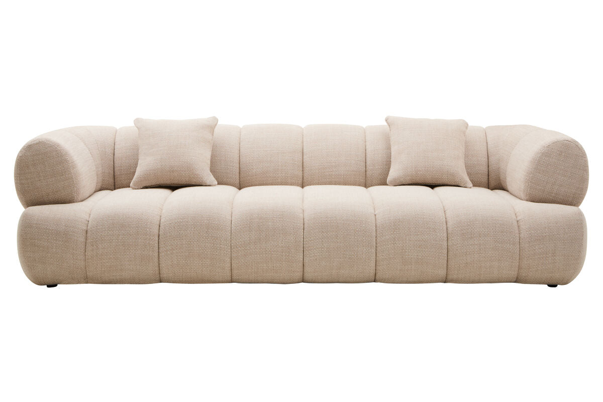 Orsina 3-seater cream linen curved sofa with plush cushions and modern design, perfect for living room seating.
