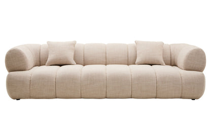 Orsina 3-seater cream linen curved sofa with plush cushions and modern design, perfect for living room seating.