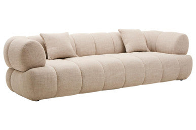 Cream linen 3-seater curved sofa by Orsina with plush cushions and elegant design, perfect for modern living rooms.