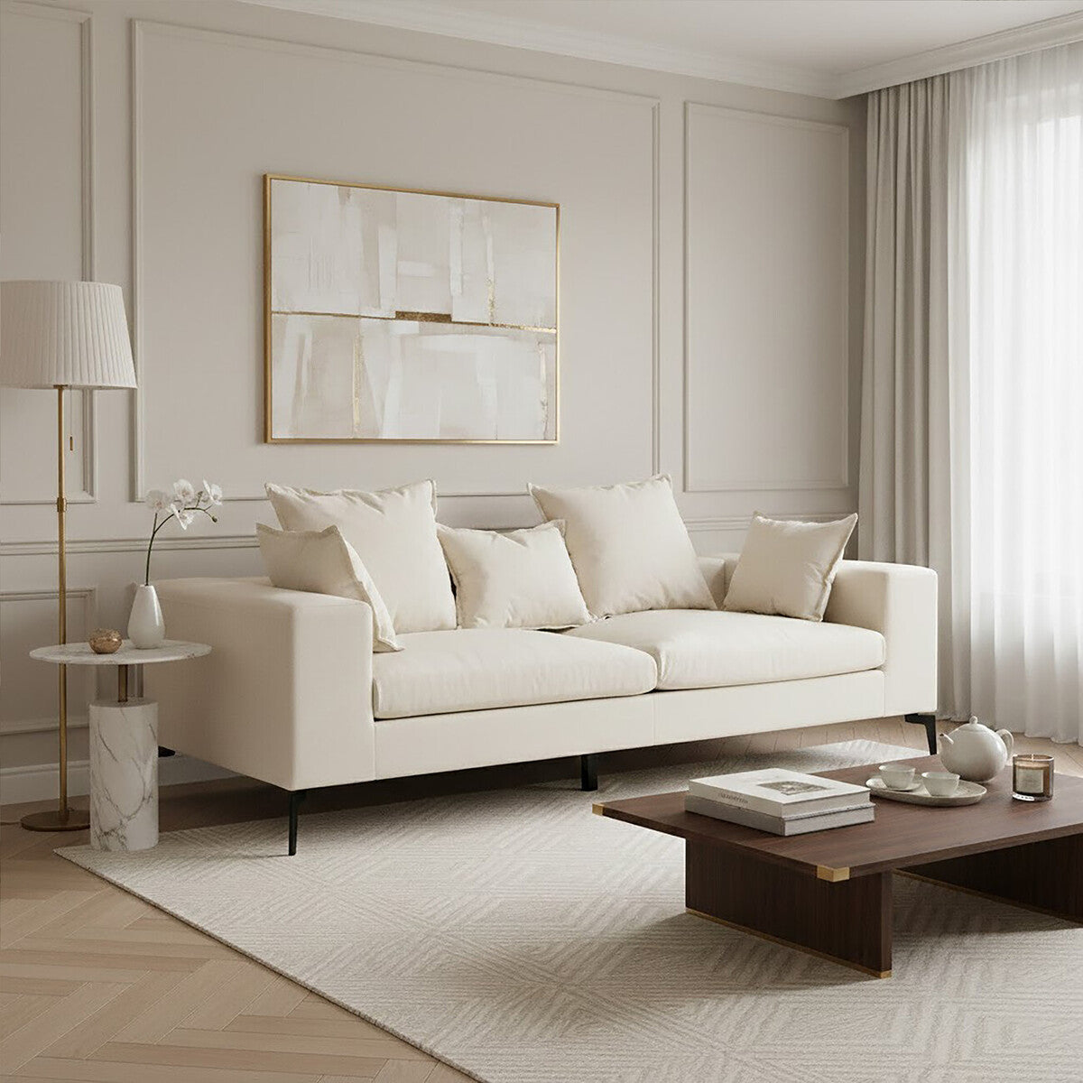 Orsina Avignon 3-seater sofa with textured cream fabric, plush cushions, and modern design for stylish living room decor.
