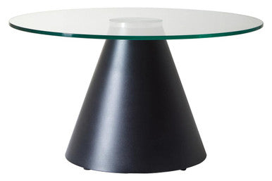 Clear glass round top coffee table with black conical metal base by Orsina, modern living room furniture