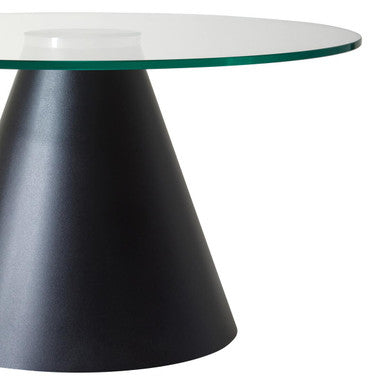Clear glass round top coffee table with black conical metal base from Orsina, modern design for living room decor.