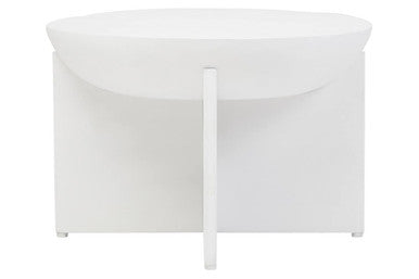 Whitewash Mango Wood round coffee table with cut-out pedestal base by Orsina, featuring a smooth surface and modern design.