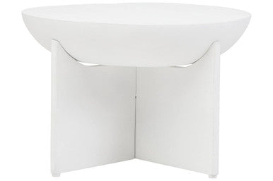 Whitewash mango wood round coffee table with cut-out pedestal base by Orsina, showcasing smooth surface and modern design.
