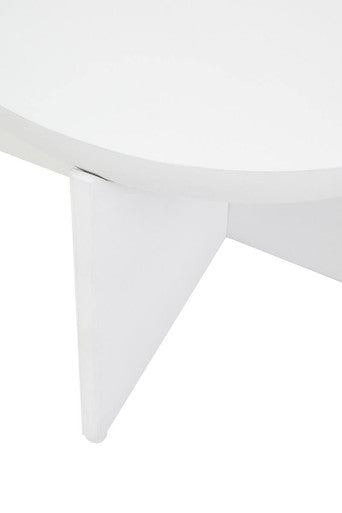 Whitewash mango wood round coffee table with cut-out pedestal base by Orsina, featuring a sleek and modern design.