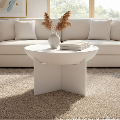 Whitewash mango wood round coffee table with cut-out pedestal base by Orsina, showcasing smooth finish and modern design.