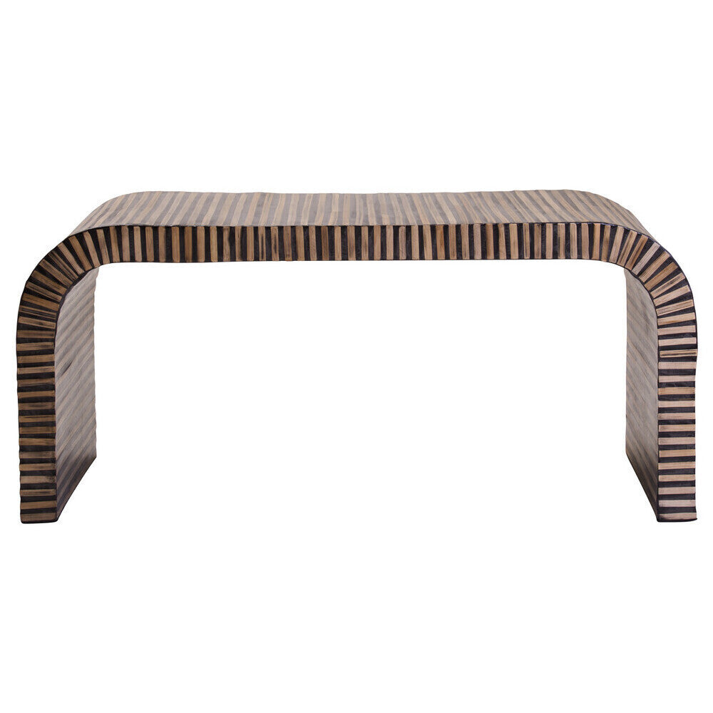 Natural finish curved coffee table by Orsina with striped bamboo inlay, showcasing smooth rounded edges and elegant design.