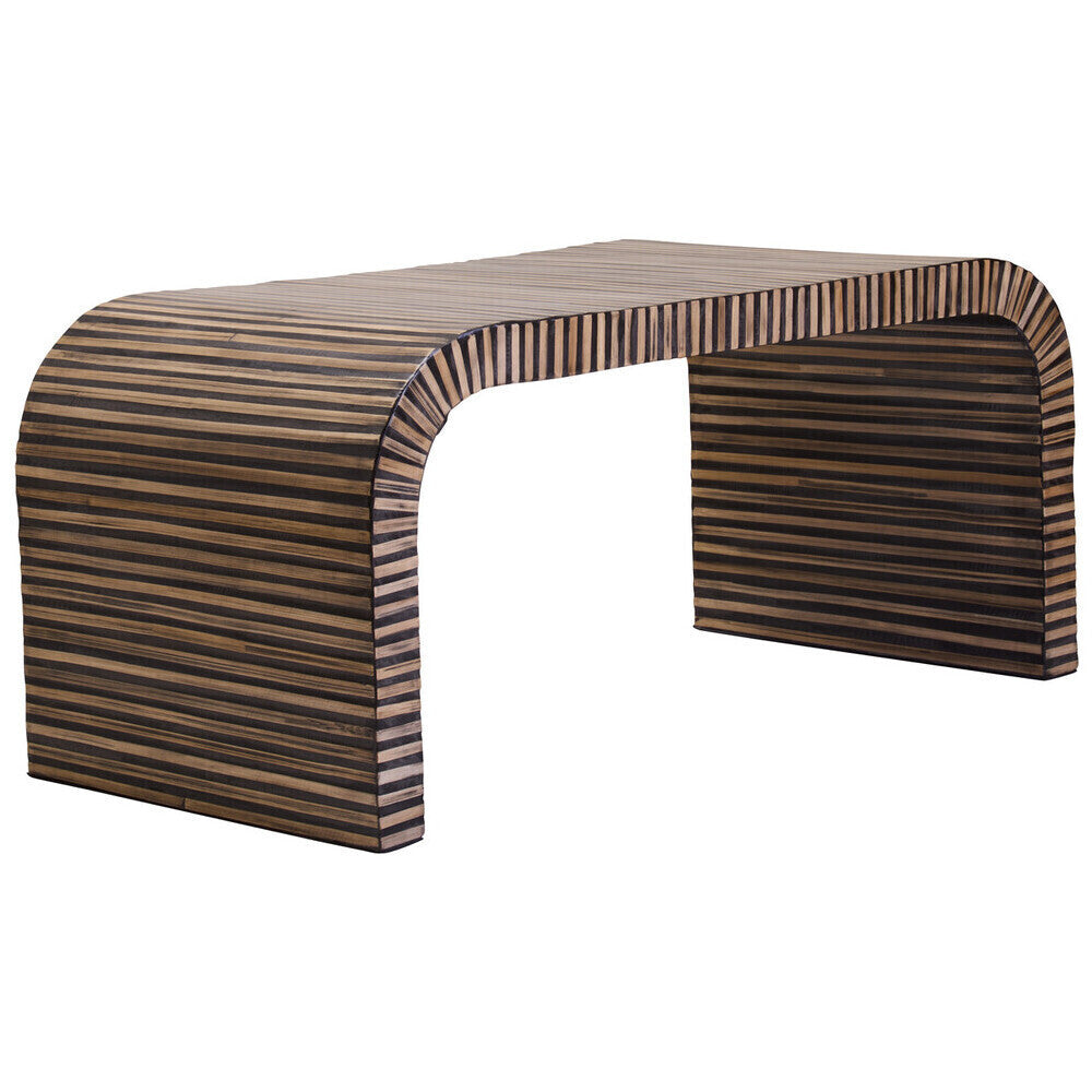 Natural finish curved bamboo coffee table with striped bamboo inlay by Orsina, showcasing smooth rounded edges and intricate bamboo detailing.