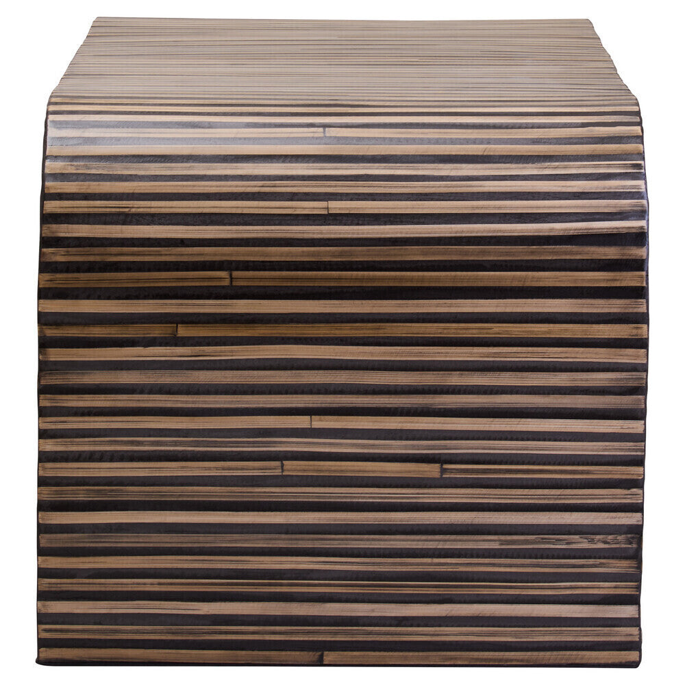 Natural finish curved bamboo coffee table with striped bamboo inlay from Orsina, showcasing smooth curves and intricate bamboo detailing.