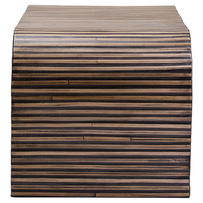 Natural finish curved bamboo coffee table with striped bamboo inlay from Orsina, showcasing smooth curves and intricate bamboo detailing.