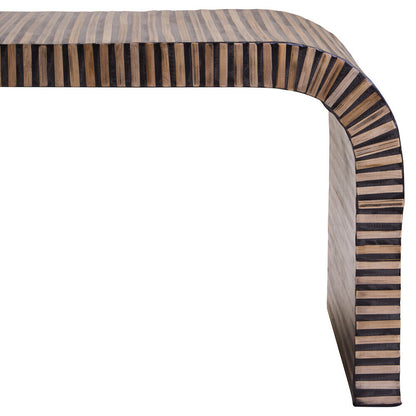 Natural finish Bambusa curved coffee table with striped bamboo inlay, modern design, Orsina coffee table for living room decor.