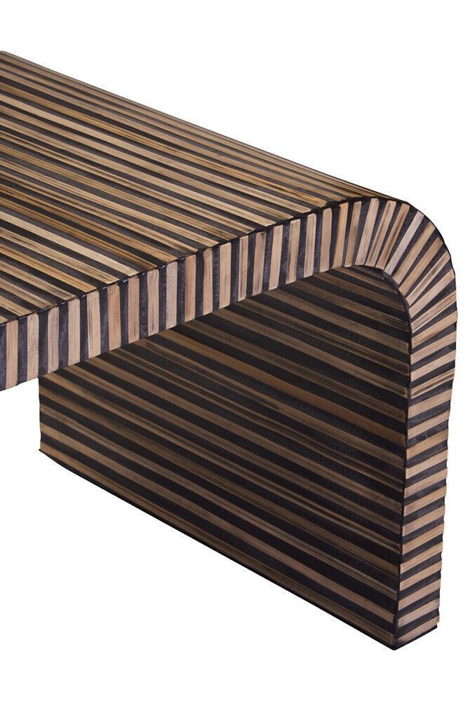 Natural finish curved bamboo coffee table with striped bamboo inlay by Orsina, showcasing smooth curves and intricate bamboo pattern.