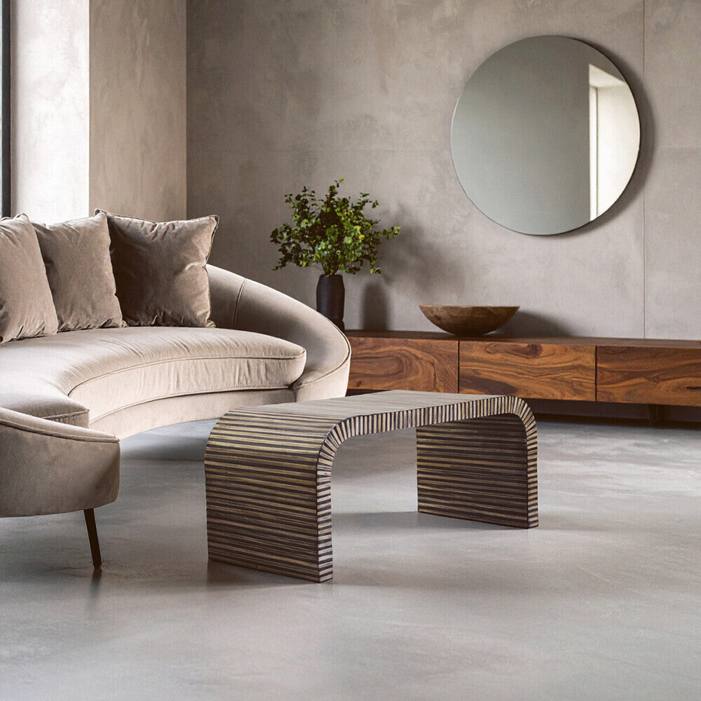 Natural finish curved Bambusa coffee table with striped bamboo inlay, stylish Orsina coffee table for modern living rooms.