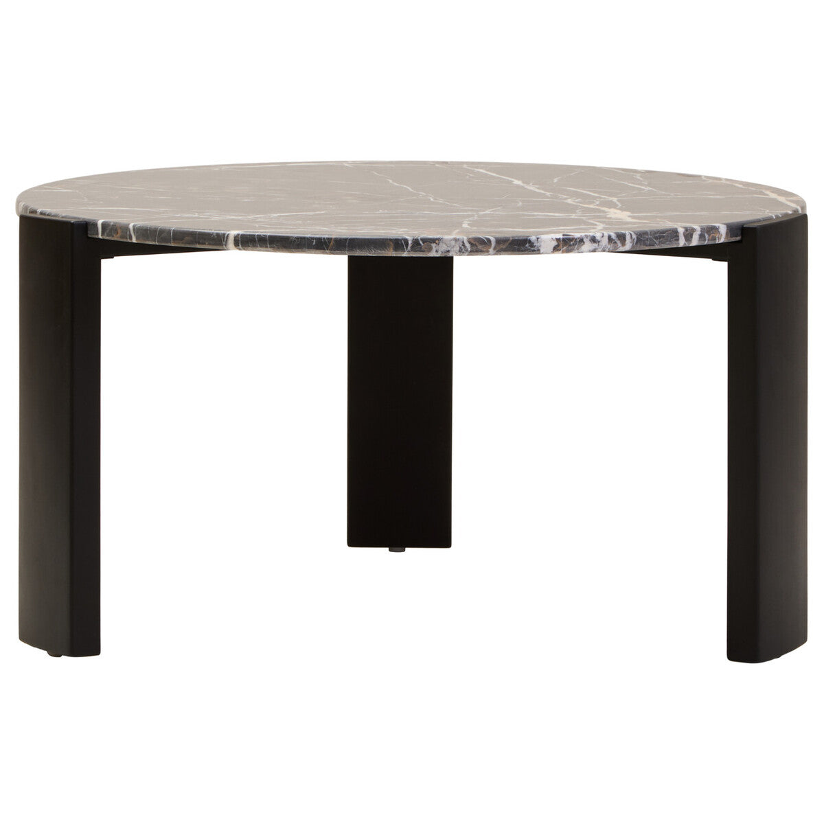 Black round marble top coffee table with black acacia wood legs, Palermo by Orsina, modern and stylish living room furniture.