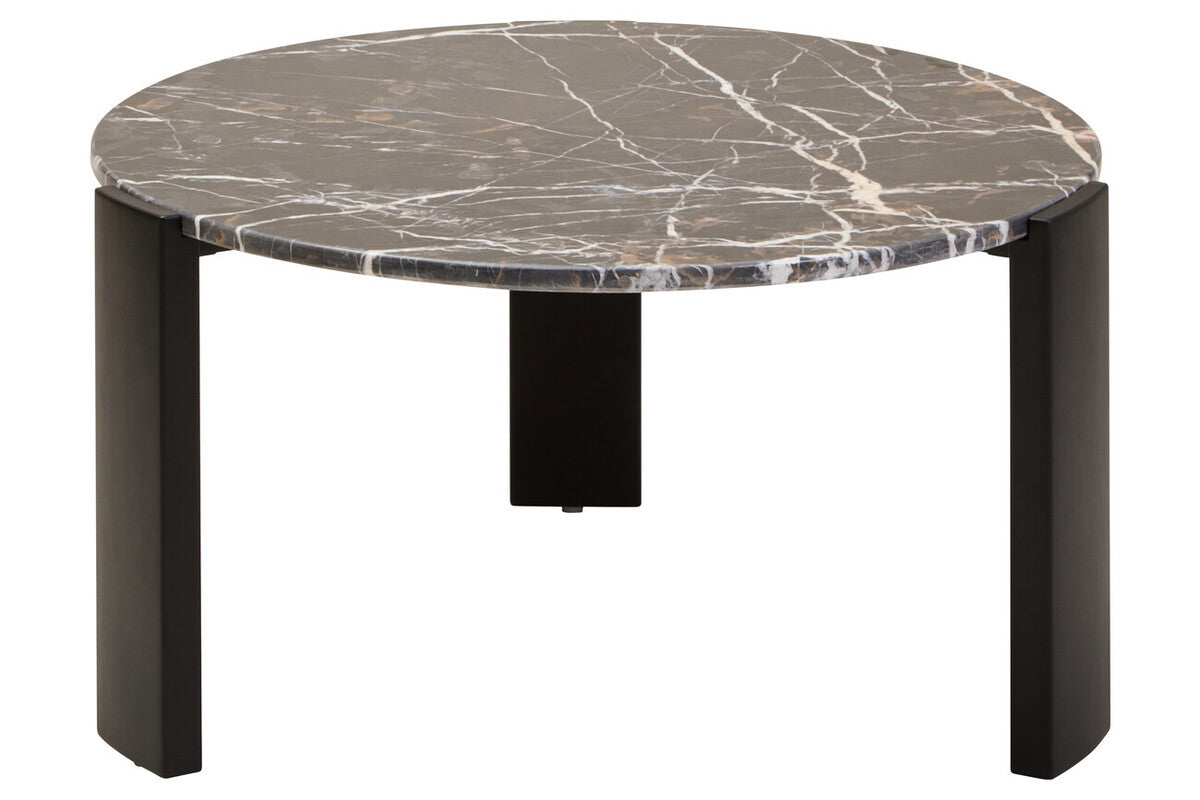Orsina Palermo black round marble coffee table with black acacia wood legs, large surface and modern design.