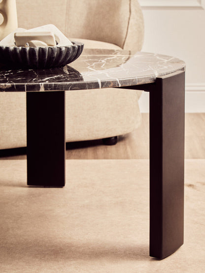 Black round marble top coffee table with black acacia wood legs, Palermo by Orsina, modern living room furniture.
